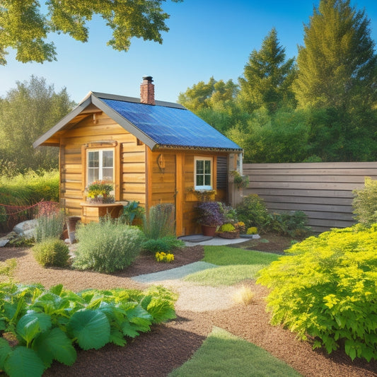 A sunny backyard with a small, rustic wooden shed, solar panels on the roof, a wind turbine in the distance, and a DIY-built vertical garden with lush green plants and vines.