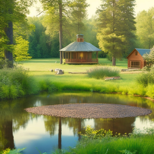 A serene off-grid homestead scene with a small pond or pool of calm water, surrounded by lush greenery, featuring a subtle, eco-friendly water pump discreetly integrated into the natural environment.