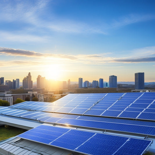 A sleek, silver, and compact solar panel system on a modern rooftop, with 4-6 panels angled towards the sun, surrounded by subtle cityscape and clear blue sky.