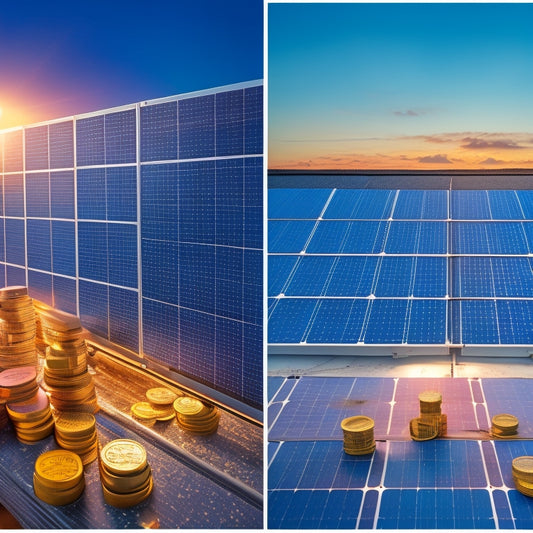 A split-screen image: a solar panel installation on a rooftop with a subtle grid of watts ( tiny lightbulbs) overlay, versus a pile of coins with a few watts symbols etched into them, surrounded by a faint grid of circuit boards.