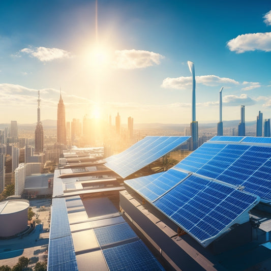 A futuristic illustration of a sun-lit cityscape with sleek, silver solar panels on rooftops, connected to rows of upright battery packs and spiraling energy coils, amidst a backdrop of blue skies and fluffy white clouds.