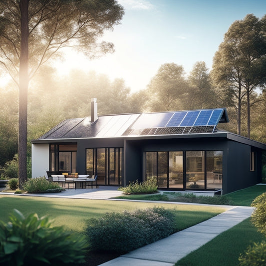 A serene suburban home with a sleek, modern design, surrounded by lush greenery, featuring a roof covered in sleek, black solar panels, with a few panels slightly angled to catch sunlight.
