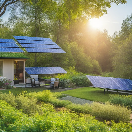 A serene outdoor setting showcasing a vibrant solar panel array, surrounded by lush greenery, with a collection of deep cycle batteries neatly arranged nearby, gleaming under the sunlight, illustrating sustainable energy solutions.
