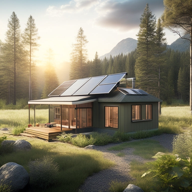 A serene, rustic landscape with a small, modern cabin surrounded by lush greenery, featuring a sleek off-grid solar power system on the roof, with panels angled towards the sun.