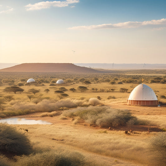 A serene African savannah landscape with several earth-toned, dome-shaped homes surrounded by lush greenery, featuring solar panels and wind turbines, under a vibrant blue sky with a few fluffy white clouds.