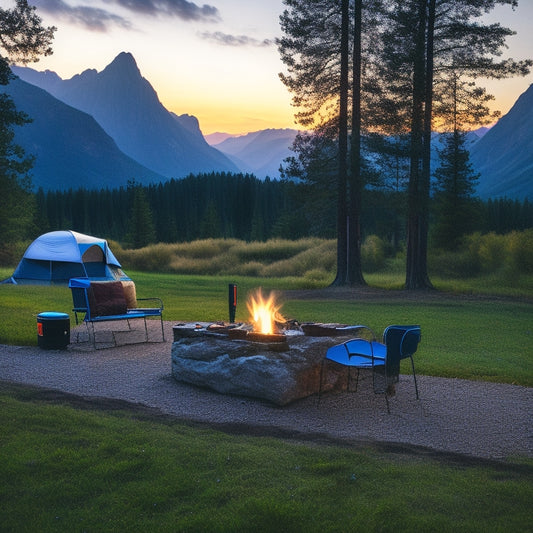 A serene campsite at sunset, featuring three portable solar chargers on a picnic table. Lush green trees surround the area, with a glowing campfire in the foreground and silhouetted mountains in the background.