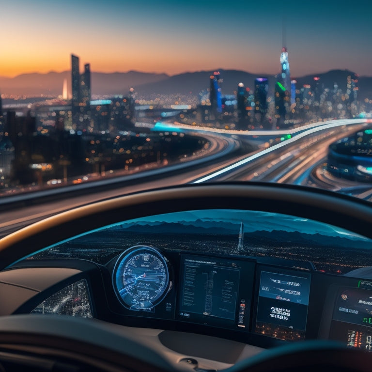 A futuristic dashboard with a large, circular gauge displaying a swooping energy output curve, surrounded by smaller screens showing real-time data and a cityscape at sunset in the background.