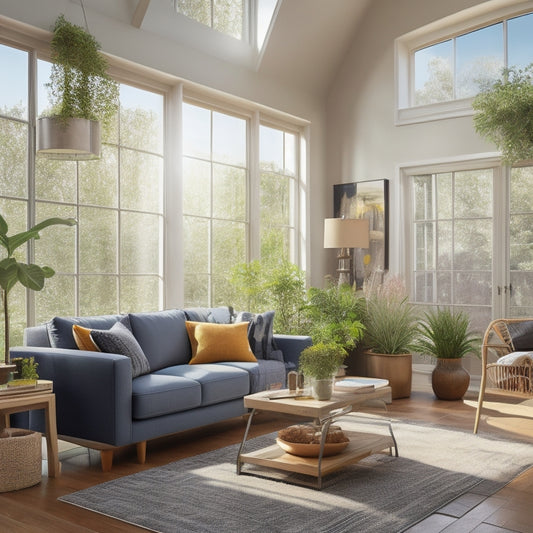 A cozy, sunlit living room with large windows showcasing energy-efficient solar panels on the roof, vibrant indoor plants, a smart thermostat, and insulated walls, creating a warm and sustainable atmosphere.