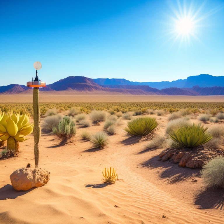 A serene desert landscape with a small, sleek solar panel angled towards the sun, connected to a compact portable water pump, surrounded by a few cacti and a clear blue sky.