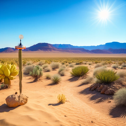 A serene desert landscape with a small, sleek solar panel angled towards the sun, connected to a compact portable water pump, surrounded by a few cacti and a clear blue sky.