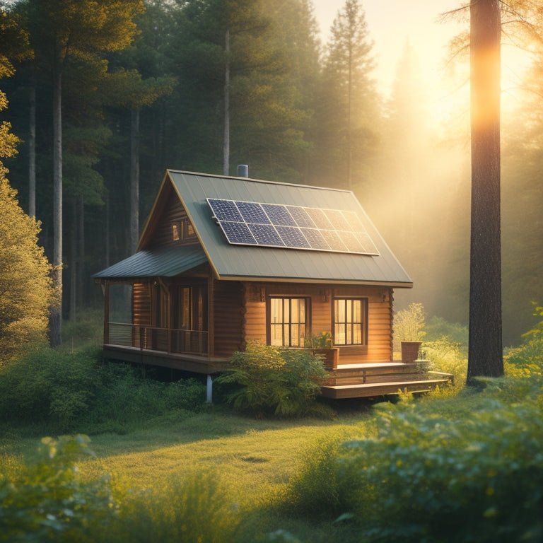 A serene off-grid cabin surrounded by lush greenery, with a rooftop solar panel array mounted on adjustable racks, tilted at an angle, with a subtle misty morning atmosphere and warm golden lighting.