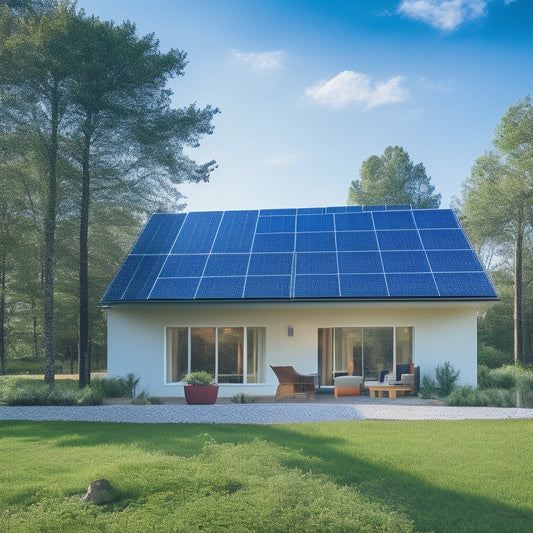 A serene, modern home with solar panels on the roof, a wind turbine in the backyard, and a battery storage system visible through a large window, surrounded by lush greenery and a bright blue sky.