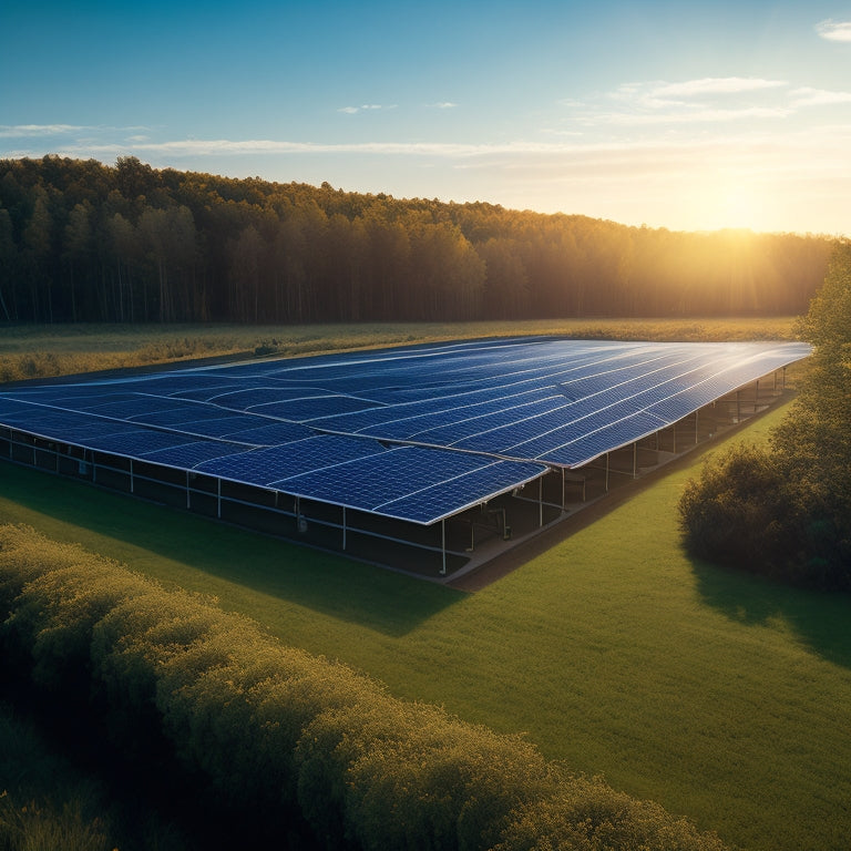 A serene landscape with a sprawling ground-mounted solar system, rows of sleek black panels angled towards the horizon, surrounded by lush greenery and a few scattered trees under a bright blue sky.