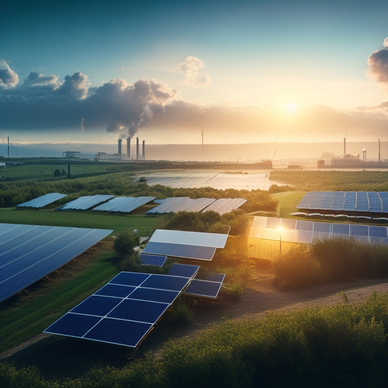 A serene landscape featuring vibrant green ground-mounted solar panels basking in sunlight, contrasted with a smoky, industrial setting of fossil fuel power plants, billowing dark clouds and pipelines, highlighting the clash of energy sources.