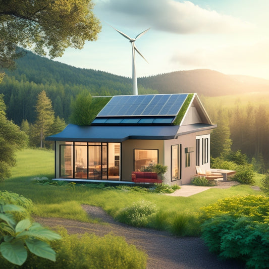 An illustration of a modern, sustainable off-grid home surrounded by lush greenery, with solar panels on the roof, a wind turbine in the distance, and a subtle battery bank visible through a window.