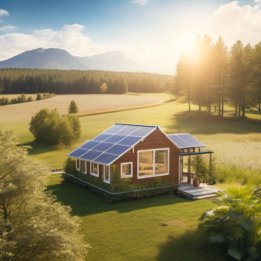A serene landscape with a tiny house in the center, surrounded by lush greenery, with a solar panel kit installed on the roof, generating electricity, under a bright blue sky with a few puffy white clouds.