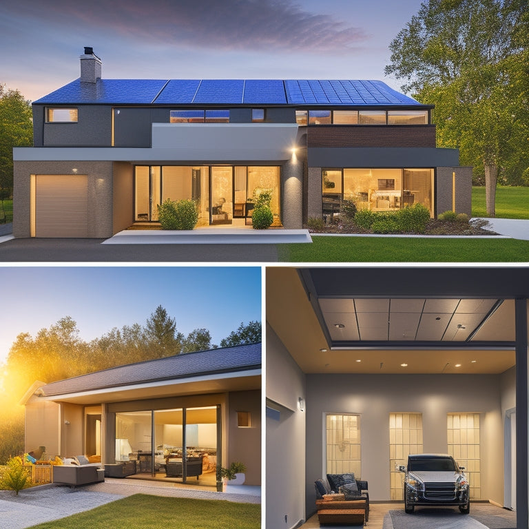 A modern home with solar panels on the roof, a sleek battery storage system in the garage, and a tablet displaying real-time energy usage and storage data.