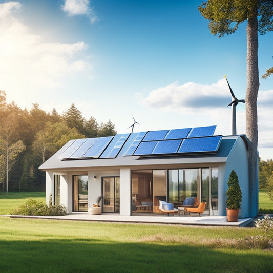 A serene, modern home with solar panels on the roof, a wind turbine in the background, and a battery storage system visible through a large window, surrounded by lush greenery and a bright blue sky.