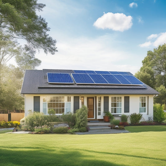 A serene suburban home with solar panels on the roof, surrounded by lush greenery, with a bright blue sky and fluffy white clouds, conveying a sense of eco-friendliness and sustainability.