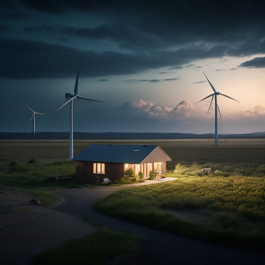 A serene, stormy night scene with a small, sustainable off-grid cabin in the center, surrounded by wind turbines, solar panels, and a battery bank, lit up with soft, warm light.