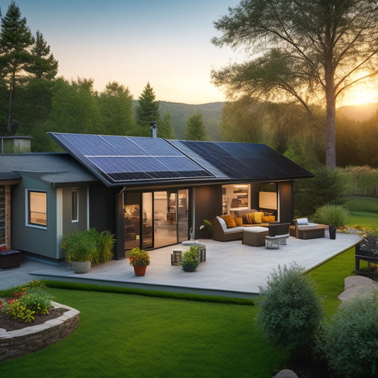 A serene backyard with a modern solar power setup: sleek black panels on a sloping roof, shiny metal mounting frames, and a compact inverter box with flashing green lights.