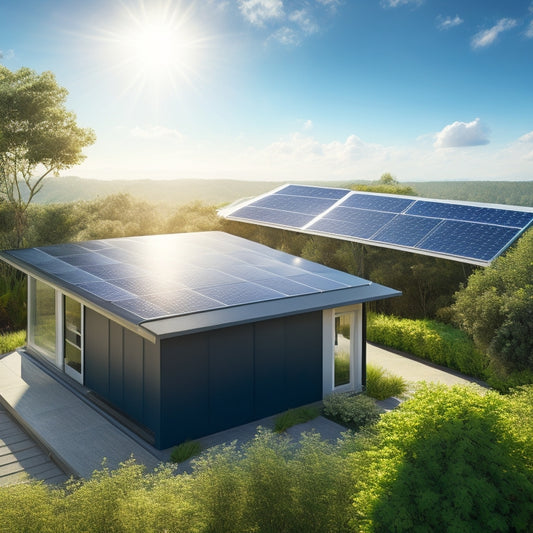 A photorealistic illustration of a modern rooftop with sleek solar panels and a sleek, silver battery storage unit in the corner, surrounded by lush greenery and a sunny blue sky.