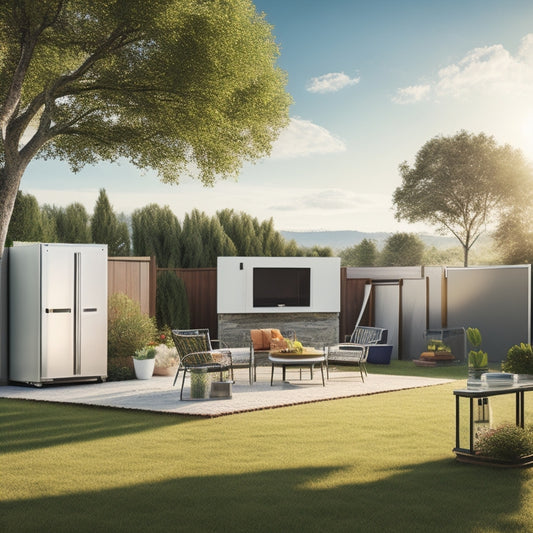 A serene backyard scene with a refrigerator situated outdoors, connected to a set of sleek, silver portable solar panels angled towards the sun, with a few solar cables and a small inverter nearby.