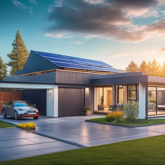 A modern home with solar panels on the roof, a sleek battery system in the garage, and a smartphone displaying a dashboard with real-time energy usage and savings metrics.