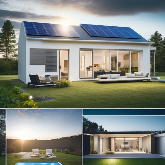 A modern, sleek home with solar panels on the roof, a wall-mounted battery pack, and a subtle grid of LED lights on the floor, highlighting the flow of clean energy.