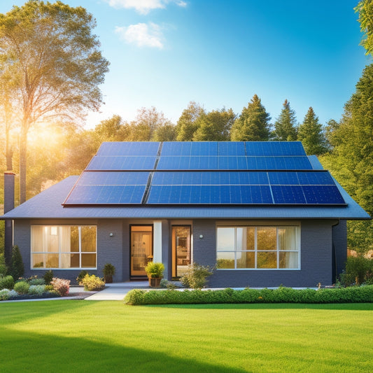 A serene suburban home with a sleek, black solar panel array installed on the roof, surrounded by lush greenery and a bright blue sky with few white, puffy clouds.