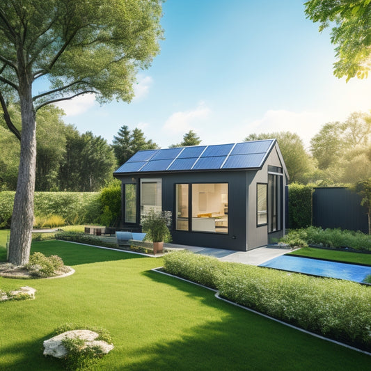 A serene backyard with a small, modern house, featuring a roof partially covered with sleek, black solar panels, amidst lush greenery and a few puffy white clouds in a bright blue sky.