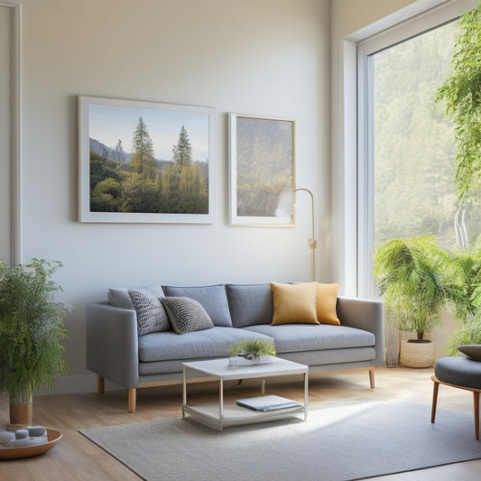A serene, modern living room with a wall-mounted solar panel and a sleek, compact home battery charger unit, surrounded by lush greenery and a subtle, sunny glow.