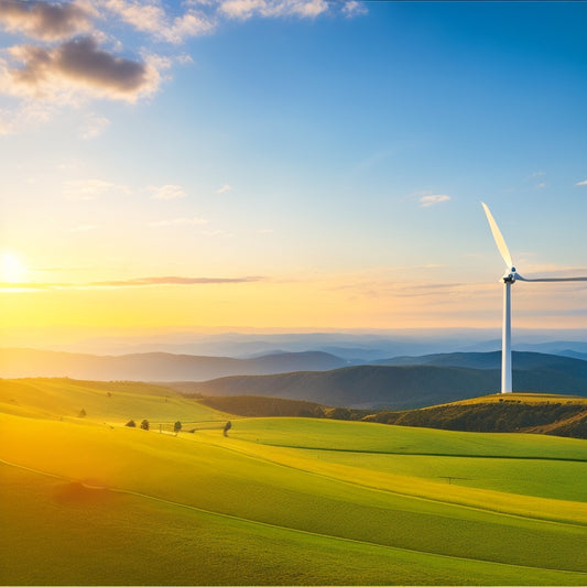 A serene landscape showcasing a cluster of sleek solar wind turbines on rolling green hills, with the sun setting behind them, casting warm golden light. Clear blue sky dotted with fluffy white clouds.