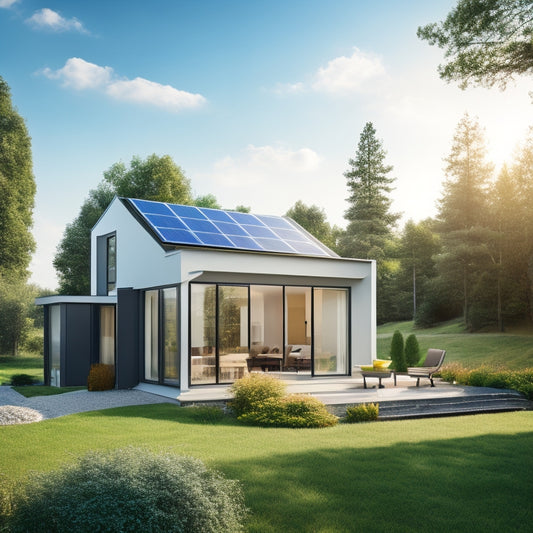 A serene, modern home with solar panels on the roof, a compact wind turbine in the backyard, and a sleek, silver battery storage system visible through a window.
