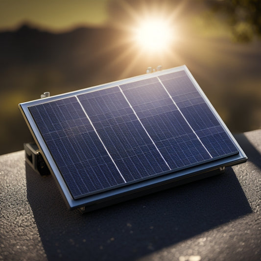 A photorealistic image of a sleek, silver solar power battery with a subtle glow, surrounded by sleek black solar panels and wires, set against a blurred, sunny background.