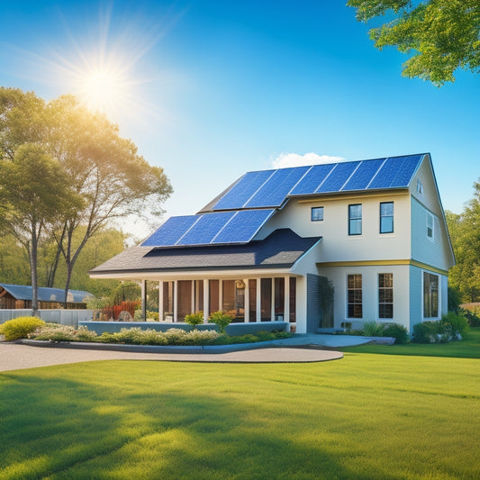 A serene suburban home with a modern, sleek solar panel array on the roof, surrounded by lush greenery, with a bright blue sky and fluffy white clouds in the background.
