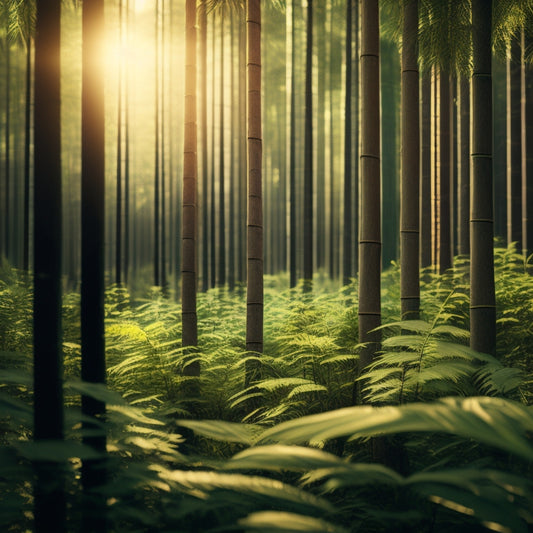 An illustration of a serene, lush forest with bamboo stalks swaying in the breeze, surrounded by solar panels of varying sizes, with a subtle, glowing aura emanating from the arrangement.