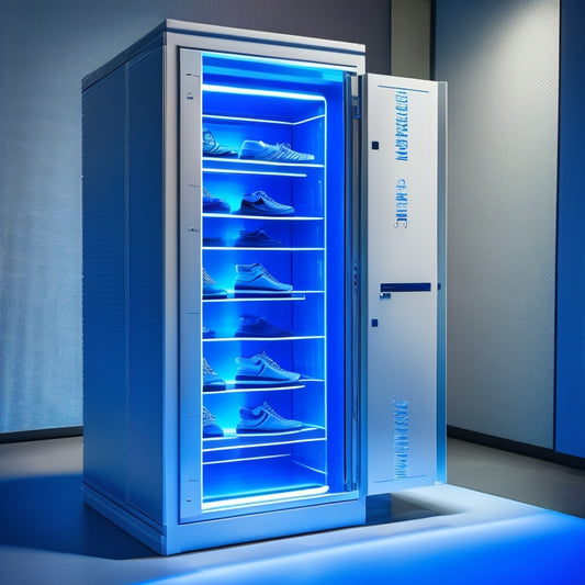 A futuristic, high-contrast image depicting a sleek, silver foot locker with retractable, labeled compartments and a built-in, touch-sensitive solar panel on the lid, set against a dark, gradient blue background.