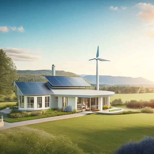 A serene landscape with a modern, eco-friendly home in the center, surrounded by lush greenery, solar panels on the roof, and a wind turbine spinning gently in the background.