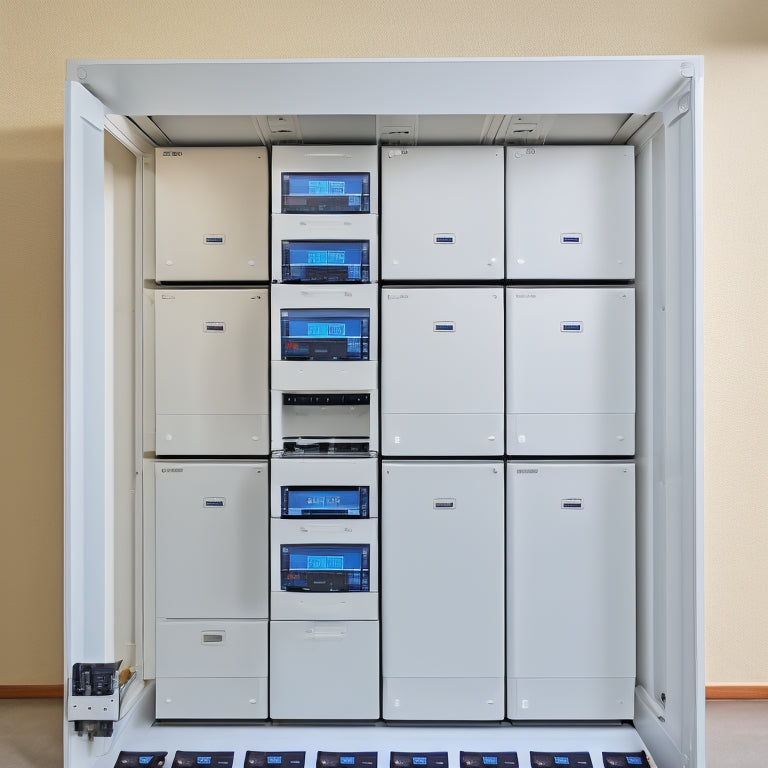 A modern, sleek, and well-organized home battery bank setup with rows of compact lithium-ion batteries, inverters, and monitoring systems, set against a clean white background with subtle shadows.
