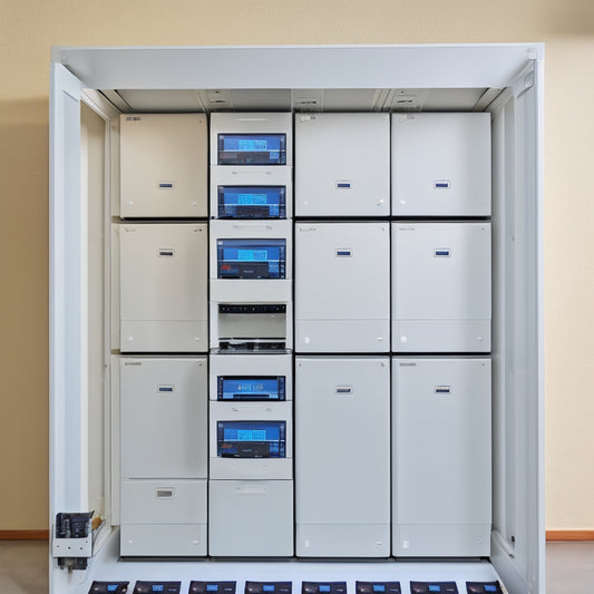 A modern, sleek, and well-organized home battery bank setup with rows of compact lithium-ion batteries, inverters, and monitoring systems, set against a clean white background with subtle shadows.