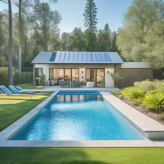 A serene backyard oasis with a sparkling pool surrounded by lush greenery, solar panels integrated into the roof of a modern house, and a sleek, compact energy storage system discreetly placed near the pool deck.