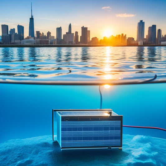 An image of a solar panel partially submerged in a tank of saltwater, with wires and electrodes attached, surrounded by various testing equipment and a cityscape in the blurred background.