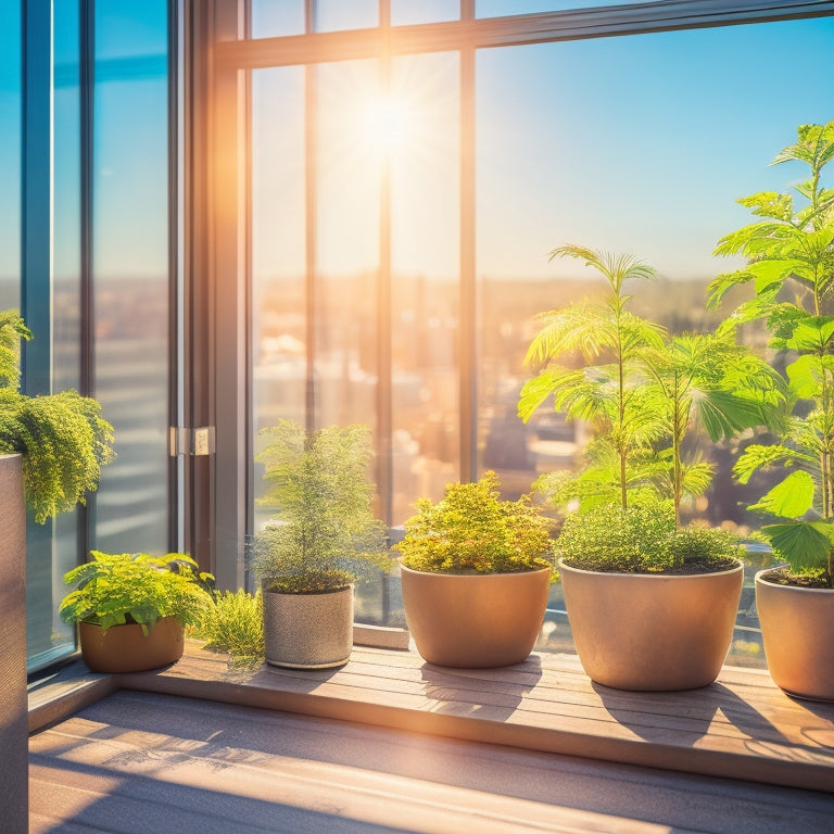 A sunlit urban balcony featuring sleek window-mounted solar panels, surrounded by vibrant potted plants, capturing sunlight. Reflections on glass, a clear blue sky above, and cityscape in the background, showcasing modern sustainable living.