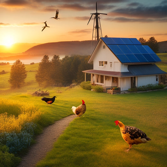 A serene off-grid homestead at sunset, featuring a solar panel array, wind turbine, and battery bank, surrounded by lush greenery and a few free-range chickens roaming freely.