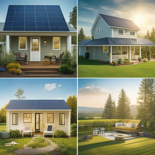 A series of numbered illustrations depicting a solar panel installation process, from site assessment to final connection, showcasing tools and equipment in a suburban residential setting.