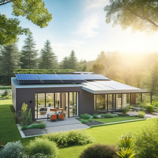A serene landscape showcasing a modern home with solar panels on the roof, connected to a sleek solar battery system, surrounded by vibrant greenery, sunlight streaming down, emphasizing sustainability and energy independence.