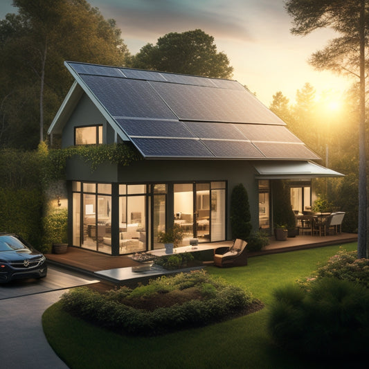 A serene, sun-lit suburban home with a sleek, modern solar panel array on the roof, surrounded by lush greenery, with a subtle, glowing inverter unit in the foreground.