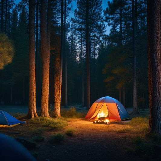 A serene campsite at dusk, featuring a cozy tent with warm lights, a portable generator humming softly nearby, surrounded by tall pines, a crackling campfire, and a starry sky illuminating the scene.