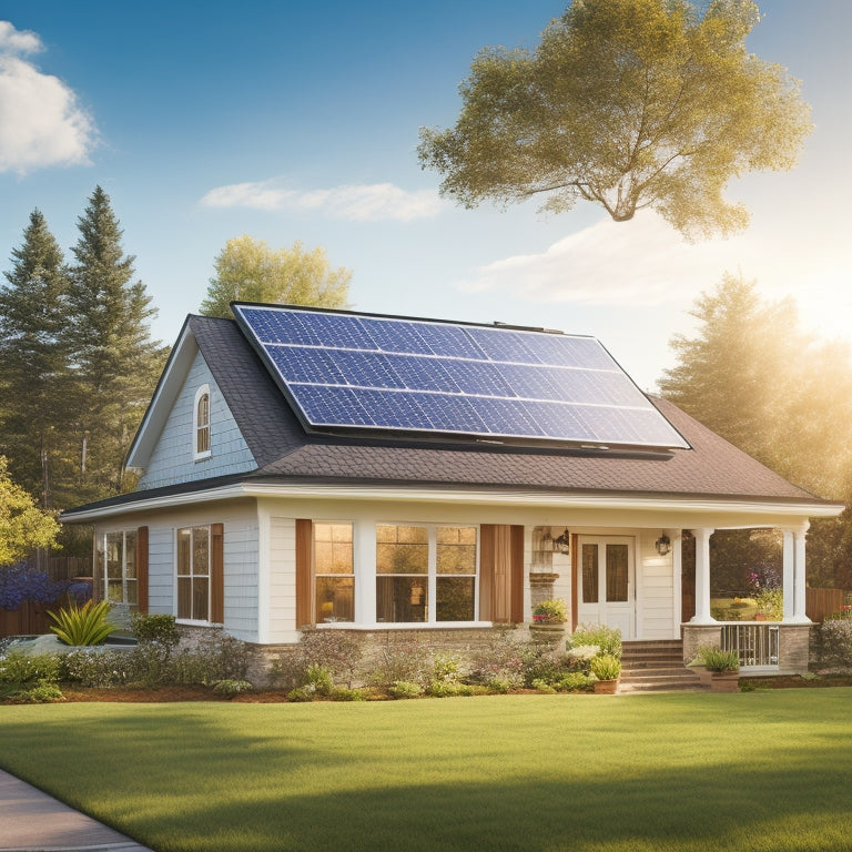 A serene suburban home with solar panels installed on its roof, surrounded by lush greenery, with a bright blue sky and fluffy white clouds, and a subtle hint of sunlight reflection.